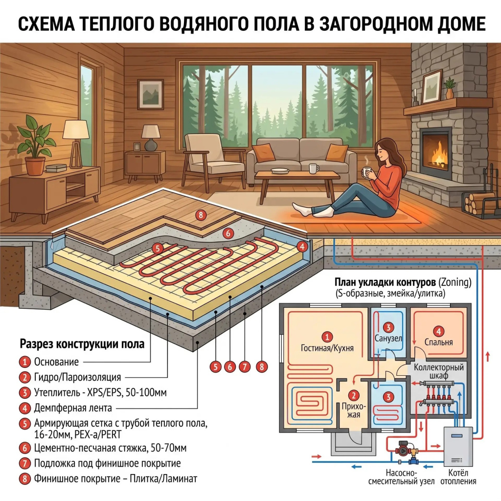 схема установки водяного пола